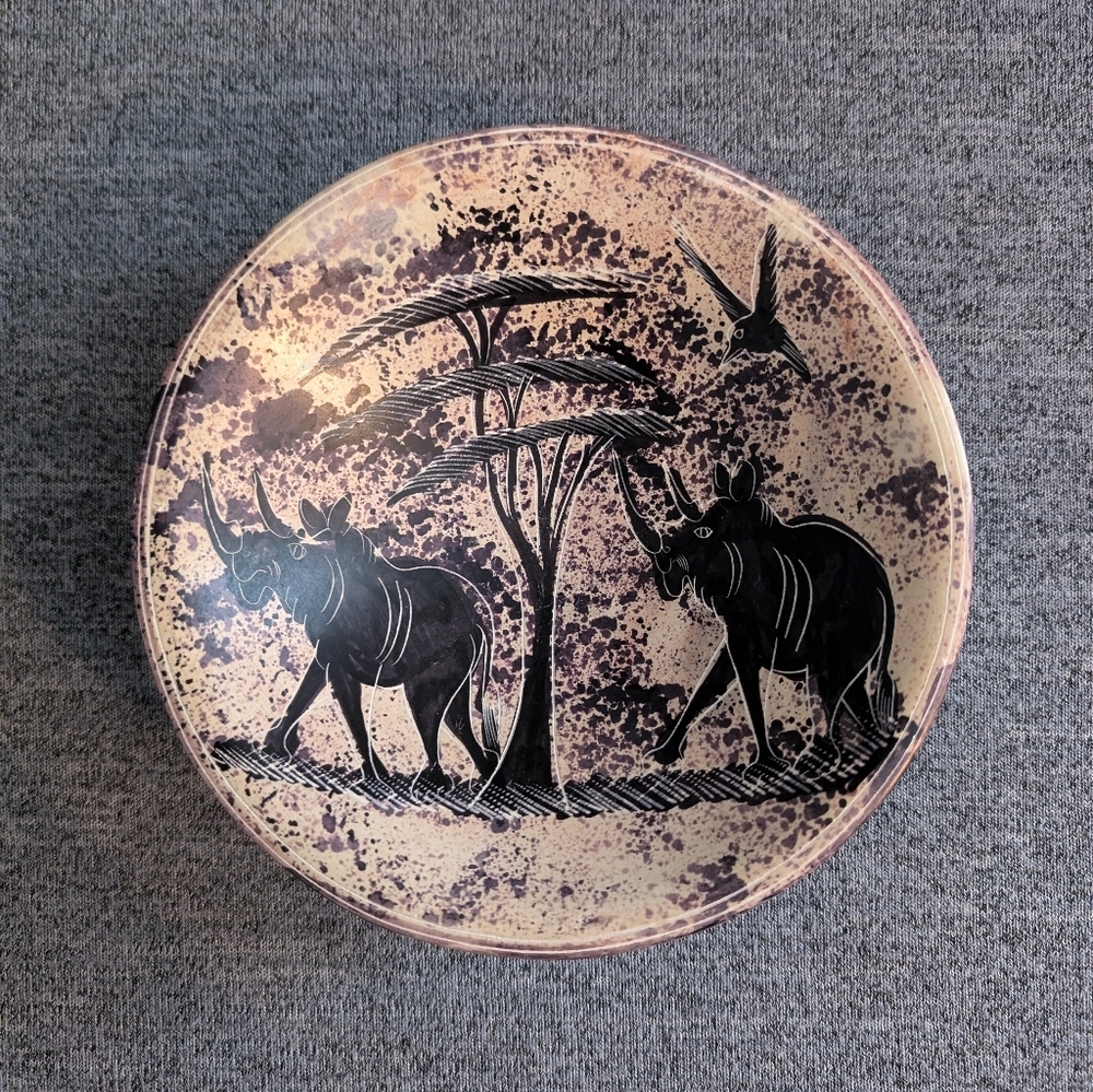 Carved/Etched African Safari with Rhinos Purple 6" Soapstone Bowl